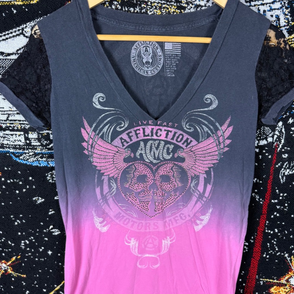 Affliction American Customs Womens Large Pink Grey Ombre Lace Sleeve Graphic Tee
